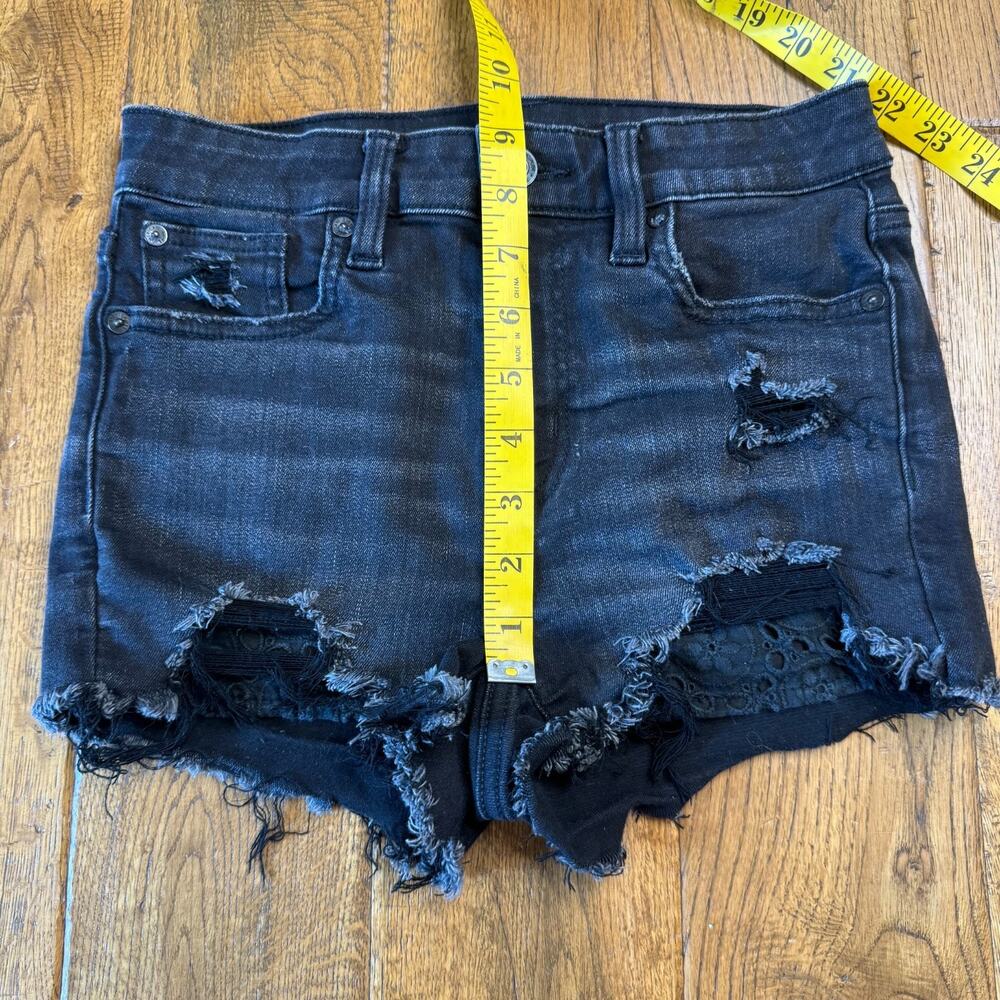 American Eagle Outfitters Black Shorts Hi-Rise Shortie Super Stretch Denim Sz 00 - Picture 4 of 6